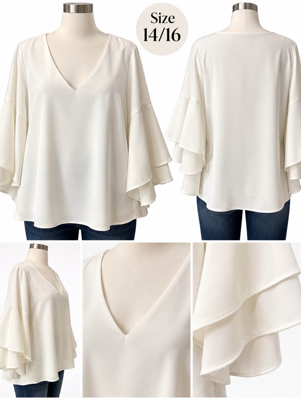 Women's Ivory V-Neck Ruffle Sleeve Top